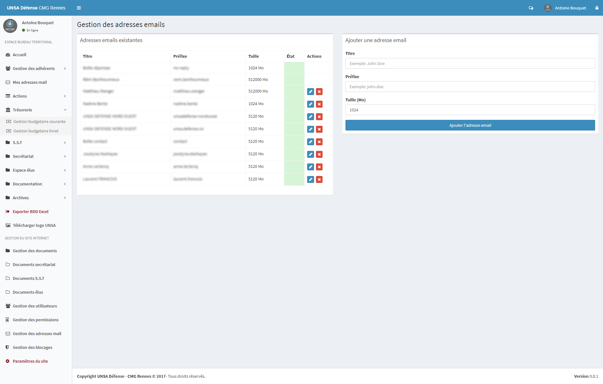 Interface de gestion des emails
