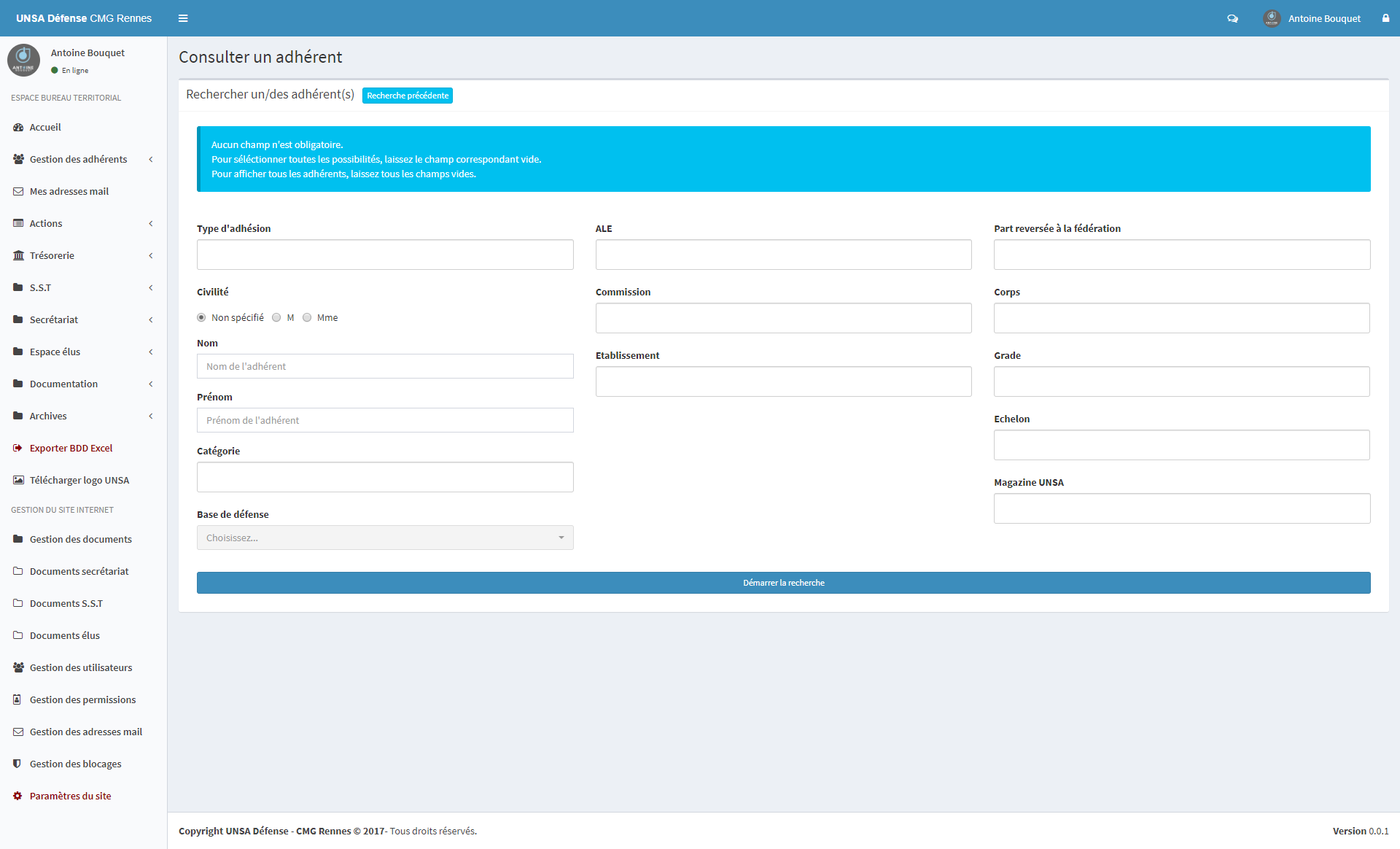 Interface de recherche d'adhérents